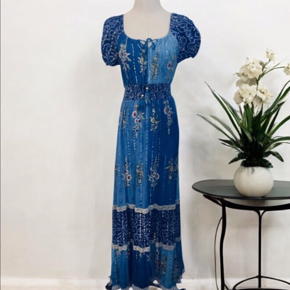 Ananta Boho Maxi Dress Blue Floral Tassel Neck Puff Sleeve Hippie Festival L/XL